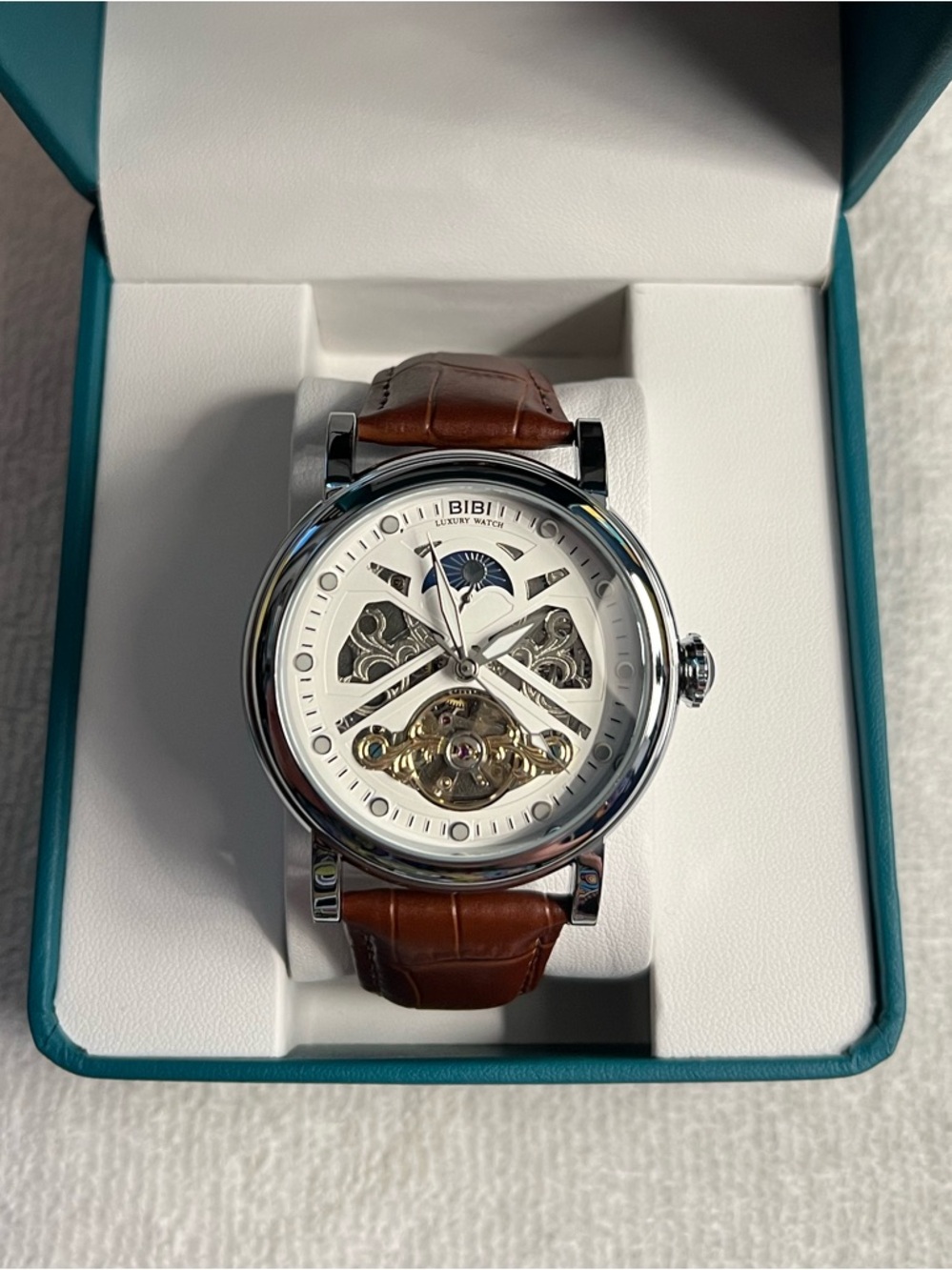 BiBi Silver Skeleton Dial Watch with Brown Leather Strap 47mm